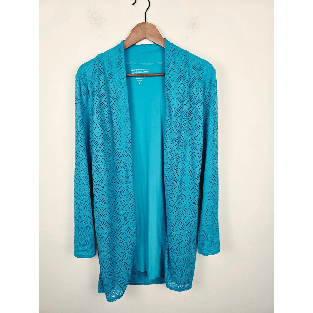 Coolibar UPF 50+ Sun Protection Cardigan Turquoise Eyelet Lace Blue Small